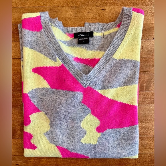 Sweaters - Pure Amici 100% cashmere V-neck sweater in pink/gray/yellow camouflage print